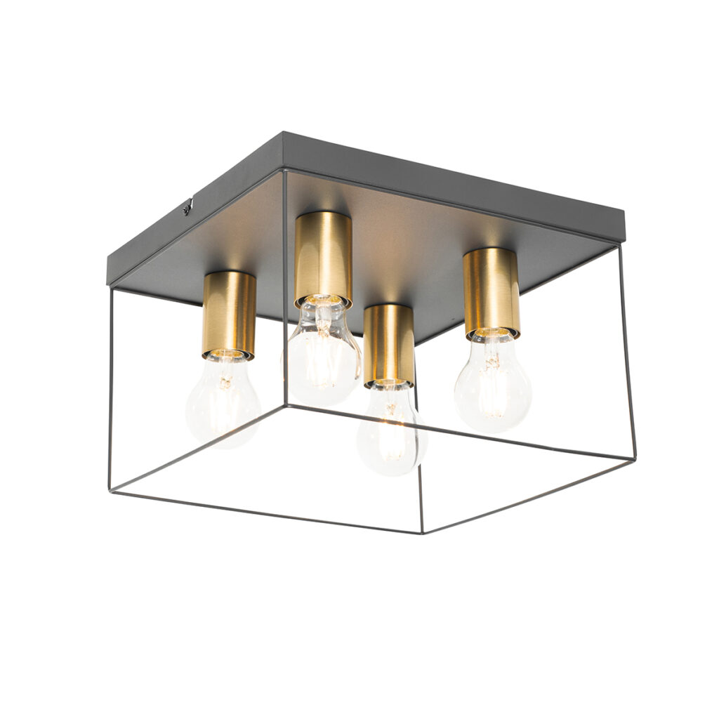 plafondlampen Minimalistische plafondlamp zwart met goud vierkant Kodi Staal Deze is decoratief en veelzijdig waardoor hij past in elke woonstijl. Het een