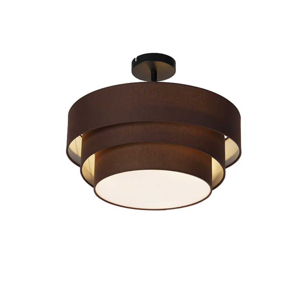 plafondlampen Moderne plafondlamp bruin 45 cm Drum Trio KunststofStaalStof Bruin is een met 3D effect. Doordat de twee kappen uit grootste kap komen krijg je