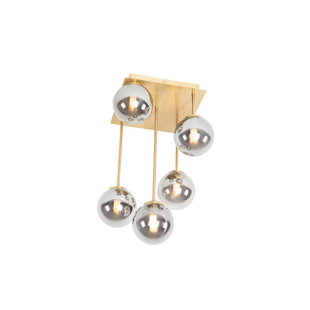 plafondlampen Moderne plafondlamp goud met smoke glas Athens GlasStaal Wauw wat een mooie is Door de verschillende hoogtes van bollen krijgt lamp heel andere