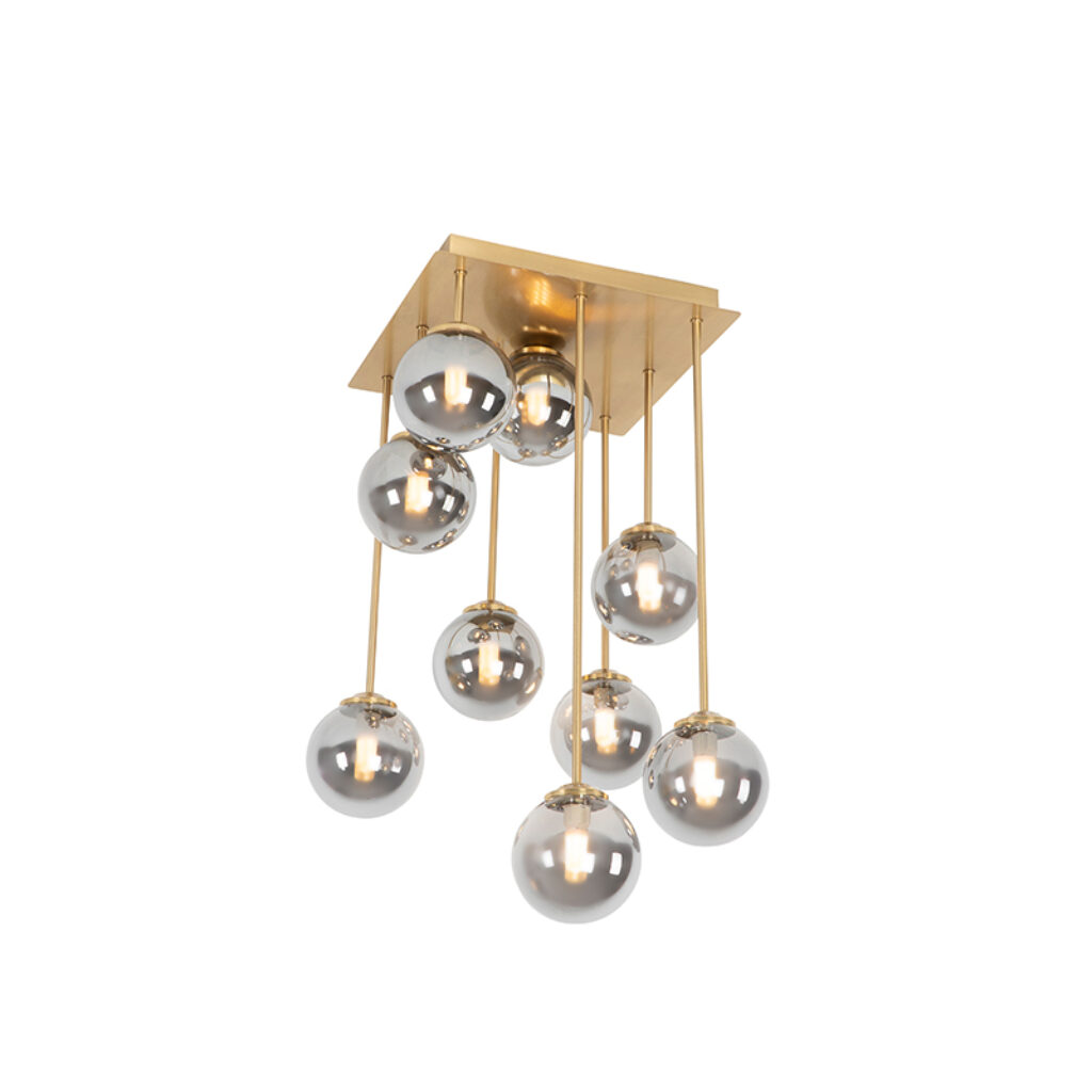 plafondlampen Moderne plafondlamp goud met smoke glas Athens GlasStaal Wauw wat een mooie is Door de verschillende hoogtes van bollen krijgt lamp heel andere