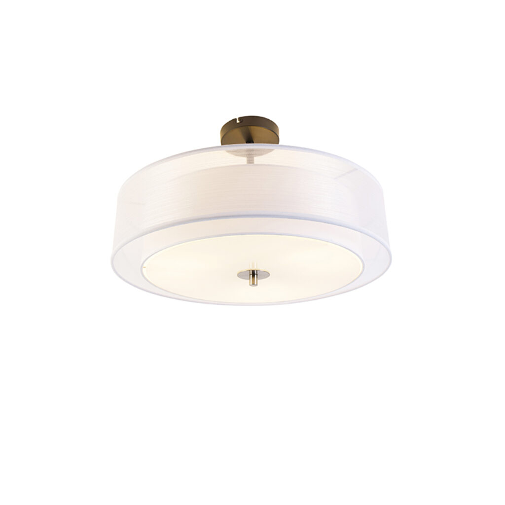 plafondlampen Moderne plafondlamp wit 50 cm Drum Duo GlasStofStaal Wit is zoals je al doet vermoeden een lamp met duo kap. De binnenste kap en de buitenste