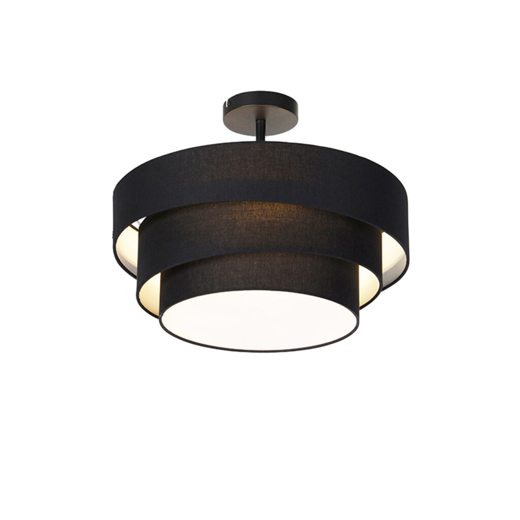 plafondlampen Moderne plafondlamp zwart 45 cm Drum Trio KunststofStaalStof Zwart is een met 3D effect. Doordat de twee kappen uit grootste kap komen krijg je