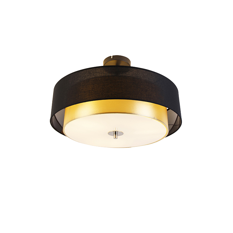 plafondlampen Moderne plafondlamp zwart met goud 50 cm Drum Duo GlasStofStaal is zoals je al doet vermoeden een lamp duo kap. De binnenste kap goudkleurig en de