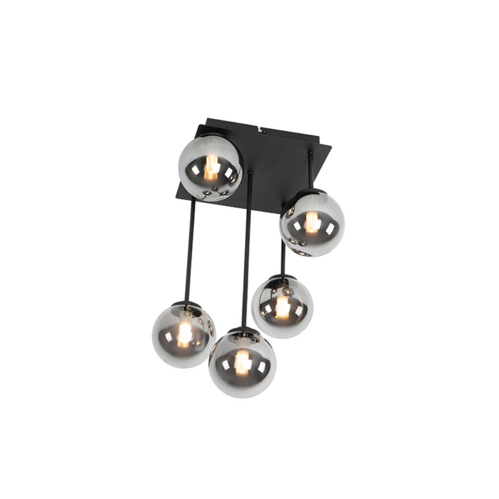 plafondlampen Moderne plafondlamp zwart met smoke glas Athens GlasStaal Zwart Wauw wat een mooie is Door de verschillende hoogtes van bollen krijgt lamp heel
