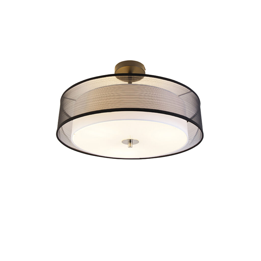 plafondlampen Moderne plafondlamp zwart met wit 50 cm Drum Duo GlasStofStaal Zwart is zoals je al doet vermoeden een lamp duo kap. De binnenste kap en de