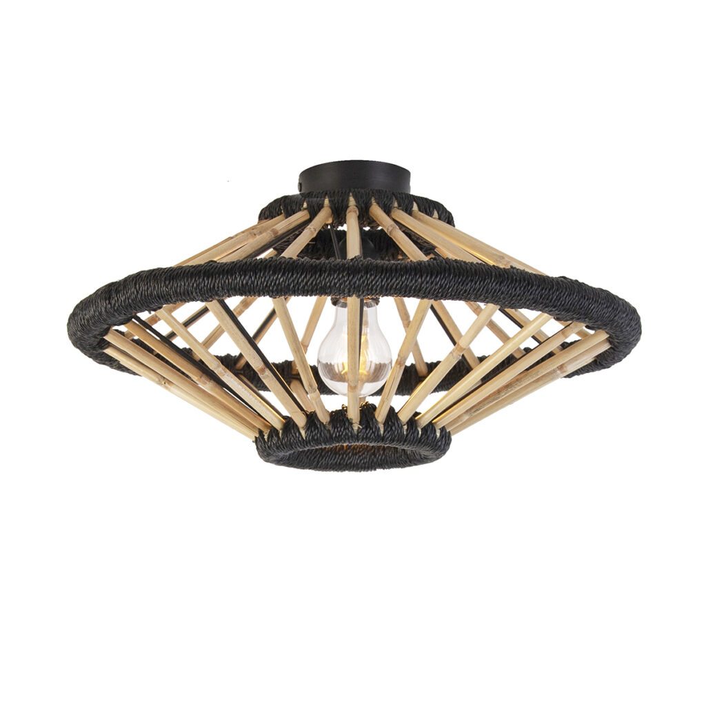 plafondlampen Oosterse plafondlamp bamboe met zwart 46 cm Evalin BamboeStaal Zwart Zorg voor een vibe in huis deze plafondlamp. Een gezellig lichtpunt