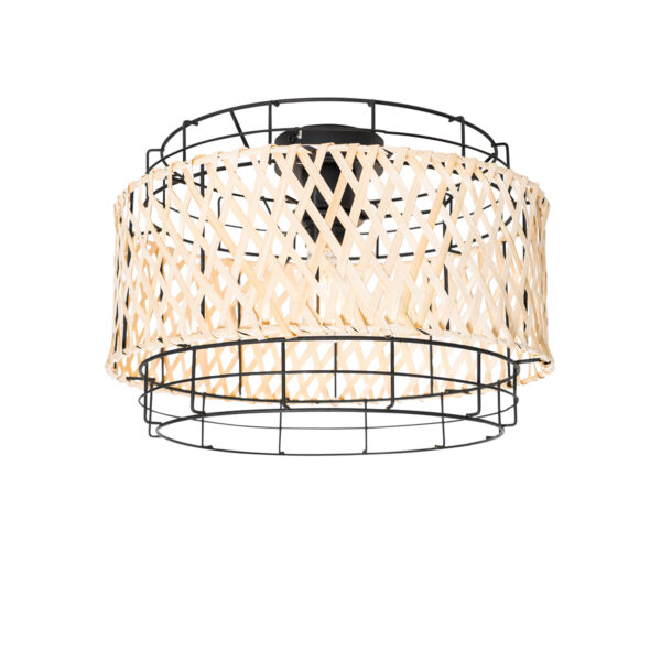 plafondlampen Oosterse plafondlamp zwart met bamboe Irena BamboeStaal Naturel Geef je interieur een Oosters tintje Irena. Door het open design prachtig