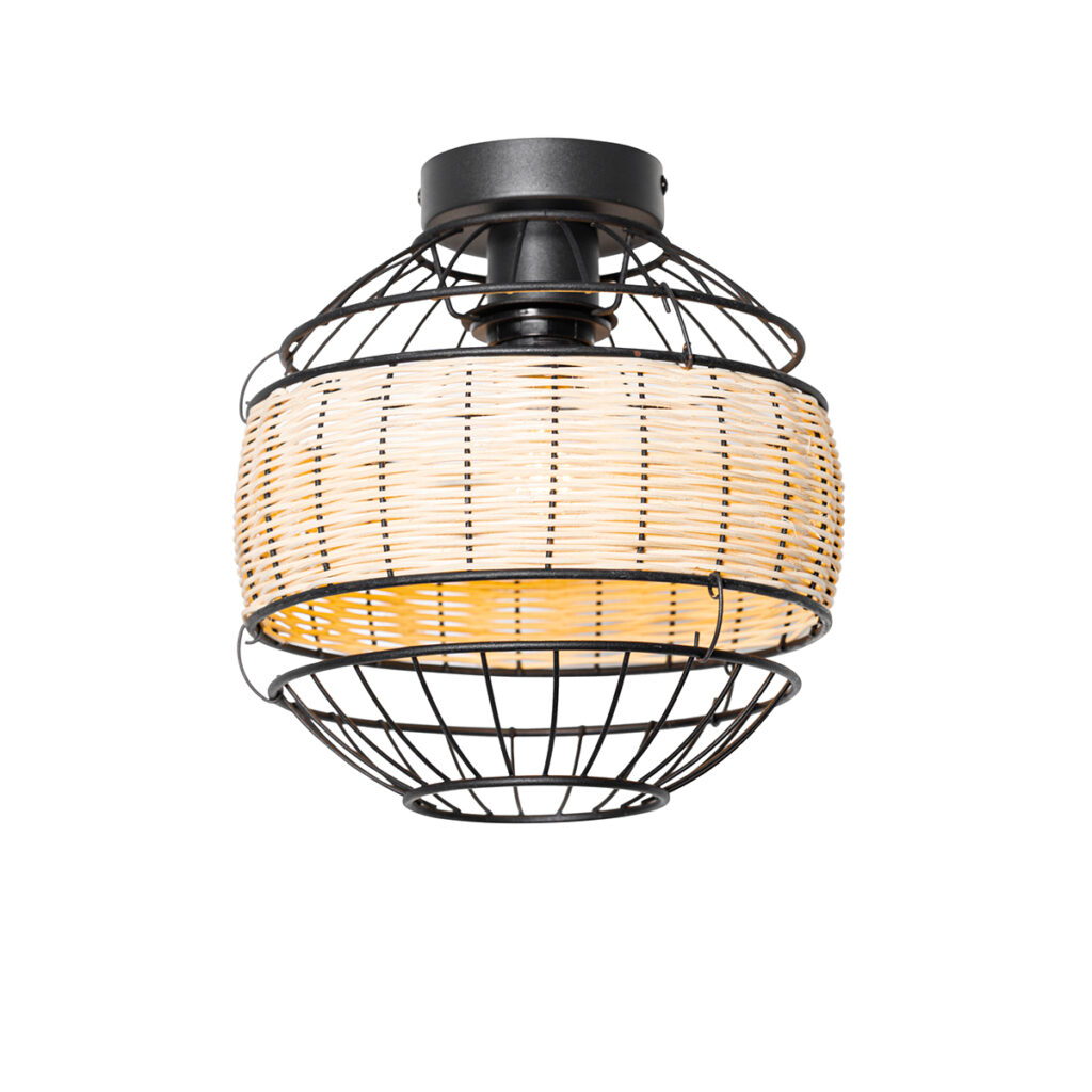 plafondlampen Oosterse plafondlamp zwart met rotan 25 cm Emir StaalRotan Zwart Breng wat warmte in huis deze plafondlamp. is gemaakt van staal en afgewerkt het