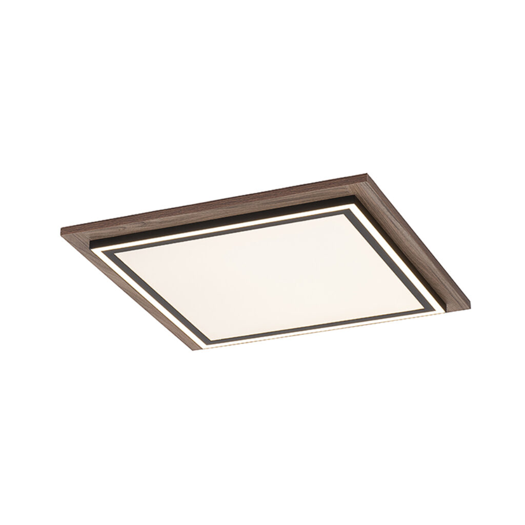 plafondlampen Plafondlamp hout vierkant incl. LED met afstandsbediening Ajdin AluminiumKunststof Bruin De plafondlamp past perfect in een modern interieur. Deze