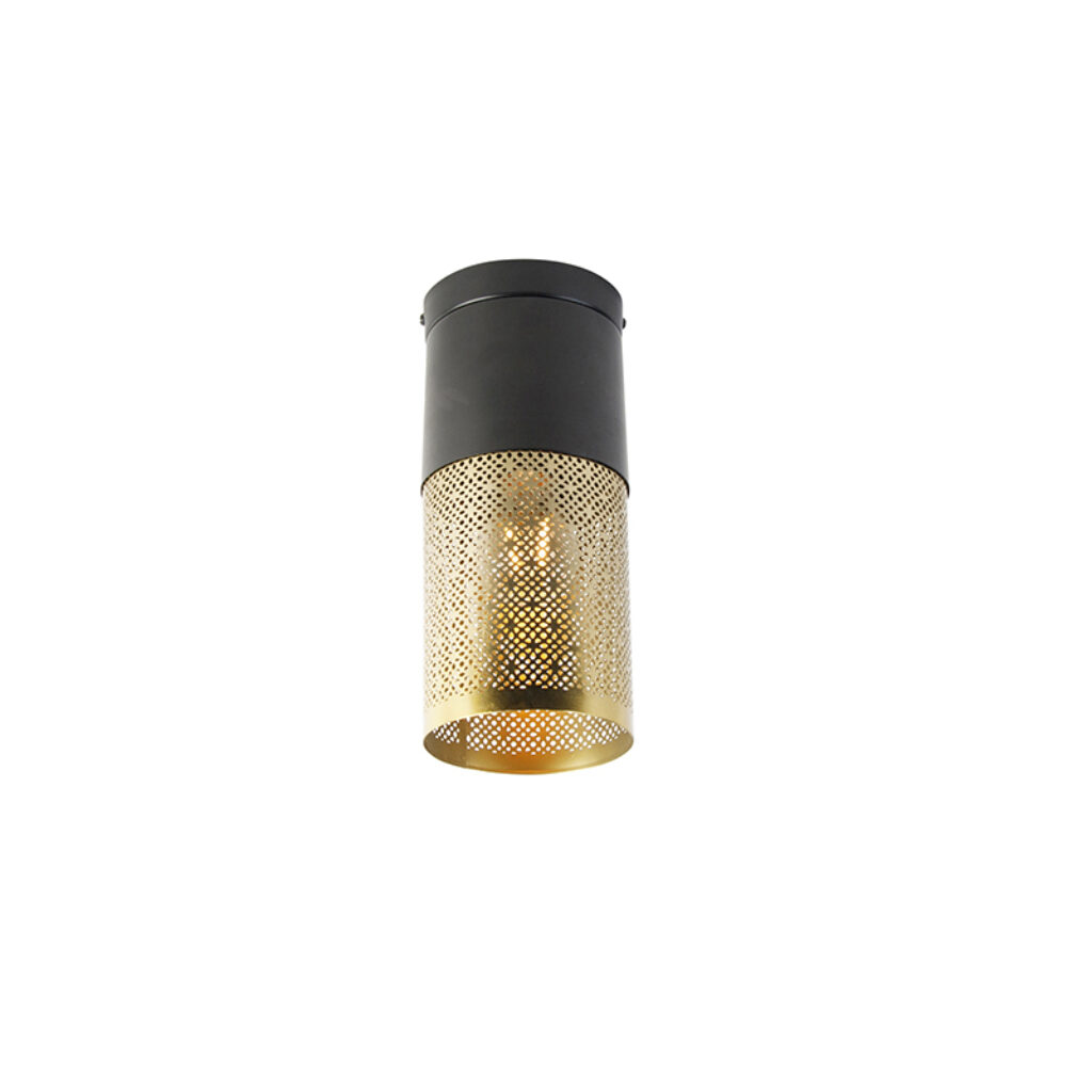 plafondlampen plafondlamp zwart met goud Raspi Staal Haal sfeer in huis Doordat de kap kleine gaatjes heeft waar het licht door heen schijnt krijg je een