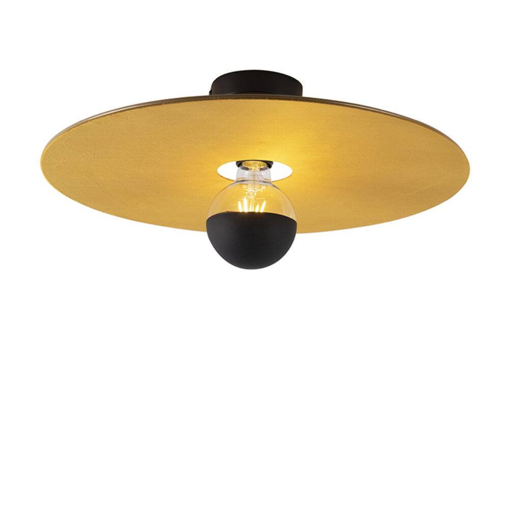 plafondlampen Plafondlamp zwart platte kap geel 45 cm Combi StaalStof Geel Onze is het zonnetje in Deze plafondlamp erg uniek dankzij de lampenkap okergele hij