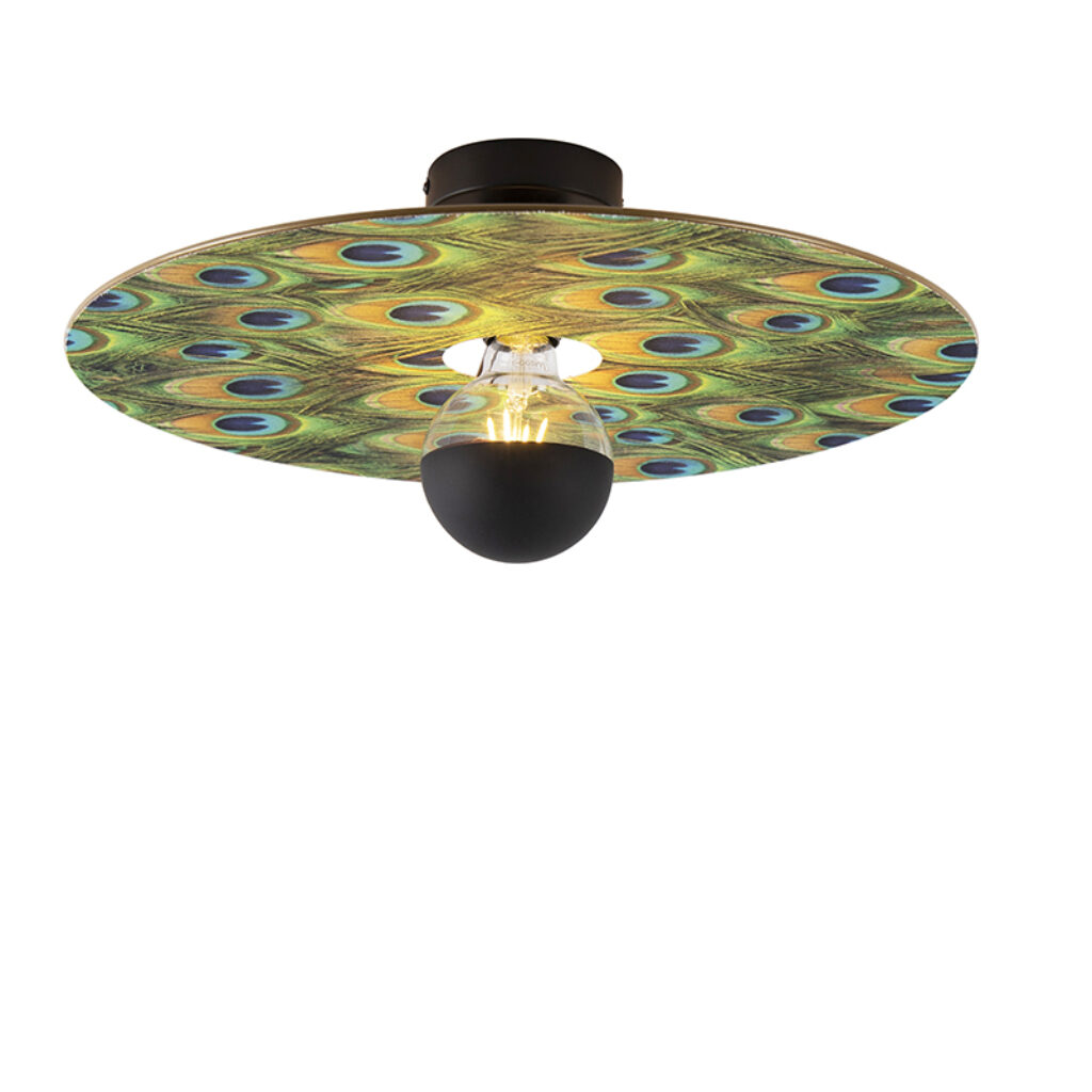 plafondlampen Plafondlamp zwart platte kap pauw dessin 45 cm Combi StaalStof Multicolor Deze is er voor de liefhebbers van botanische woonstijl. De erg uniek