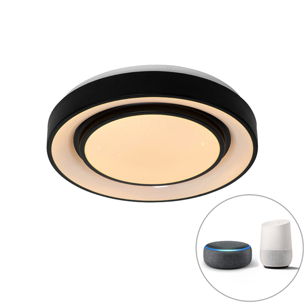 plafondlampen Smart moderne plafondlamp zwart 38 cm incl. LED en RGB Jochie Kunststof Zwart Wauw wat een mooie is Jochie. Doordat De buitencirkel verlicht zijn