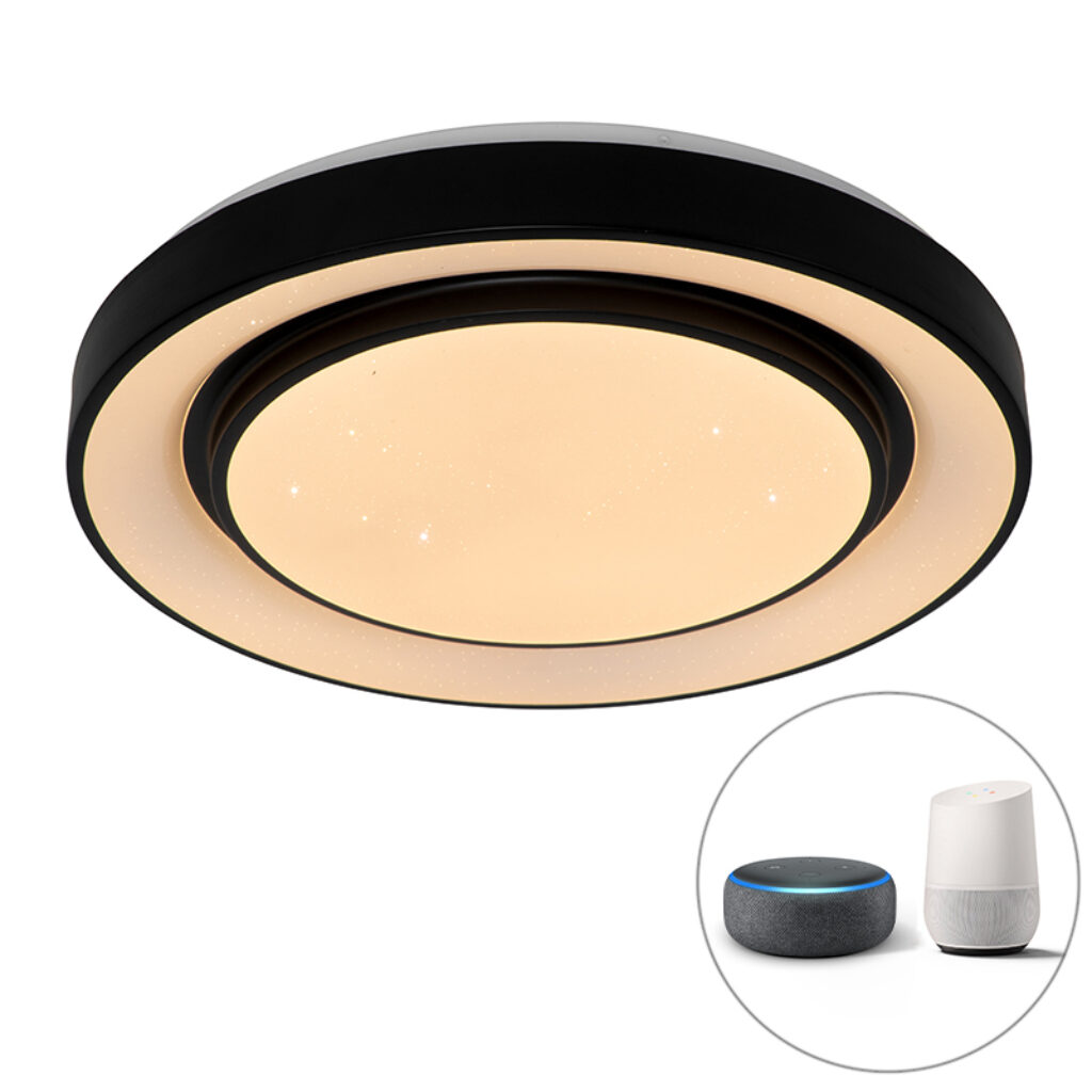 plafondlampen Smart moderne plafondlamp zwart 48 cm incl. LED en RGB Jochie Kunststof Zwart Wauw wat een mooie is Jochie. Doordat De buitencirkel verlicht zijn