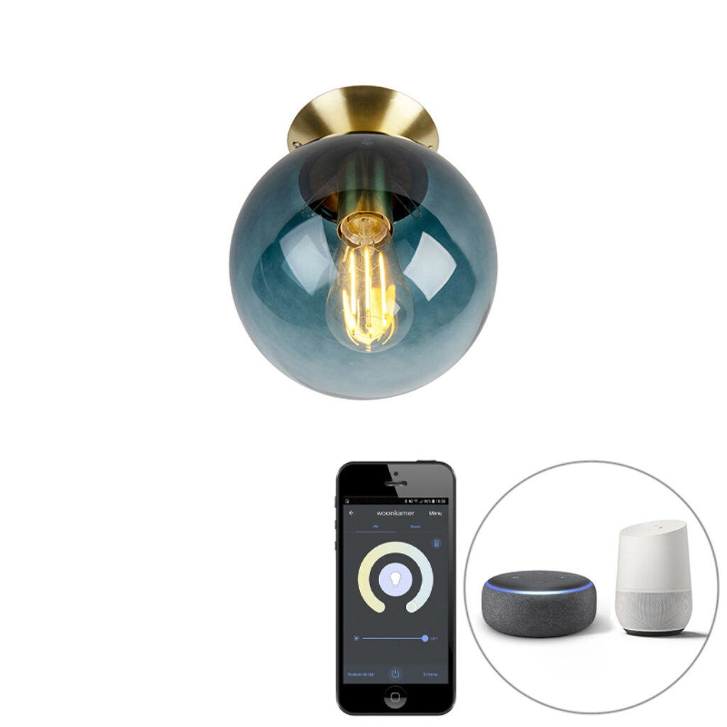 plafondlampen Smart plafondlamp messing met oceaanblauw glas incl. Wifi ST64 Pallon GlasStaal Blauw Plafondlamp is een echte voor in art deco interieur. Hij