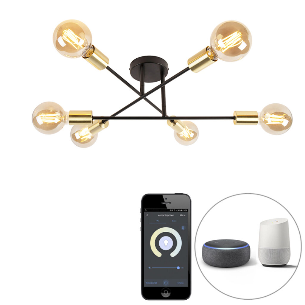 plafondlampen Smart plafondlamp zwart met goud incl. Wifi G95 Sydney Bondi Staal Goud