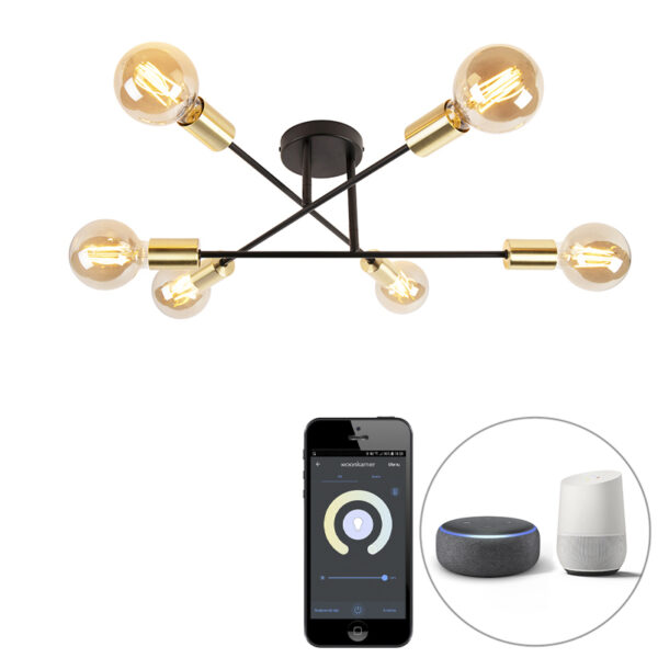 plafondlampen Smart plafondlamp zwart met goud incl. Wifi G95 Sydney Bondi Staal Goud