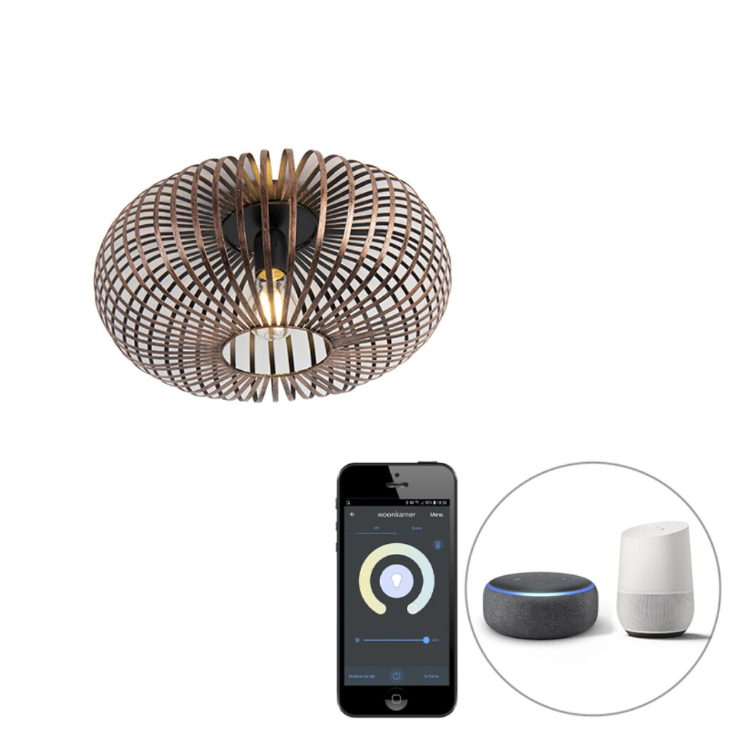 plafondlampen Smart ronde plafondlamp roestbruin incl. Wifi A60 Johanna Metaal Roestbruin