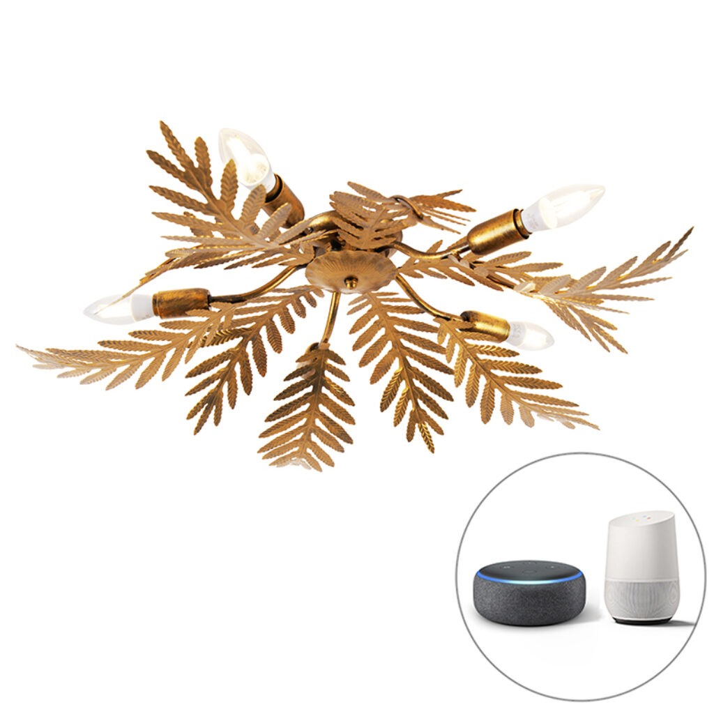 plafondlampen Vintage Smart plafondlamp goud incl. 5 WiFi E14 Botanica Staal De is een echte blikvanger voor in Zijn botanische vorm en gouden kleur weten al