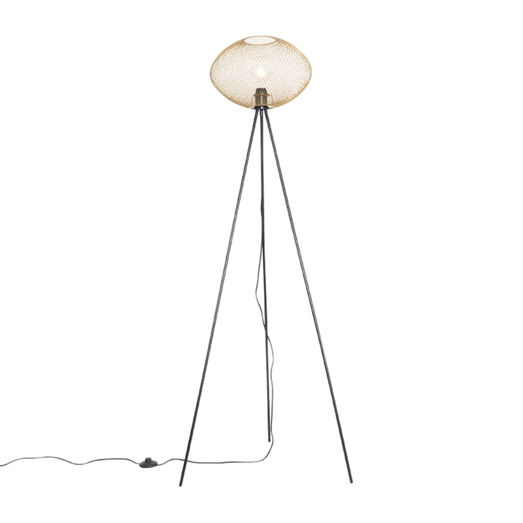 plafondlampen vloerlamp tripod goud Molly Staal Met haal je sfeer in Deze moderne lamp heeft een gouden kap met gaasstructuur. Dit zorgt voor en vrolijk