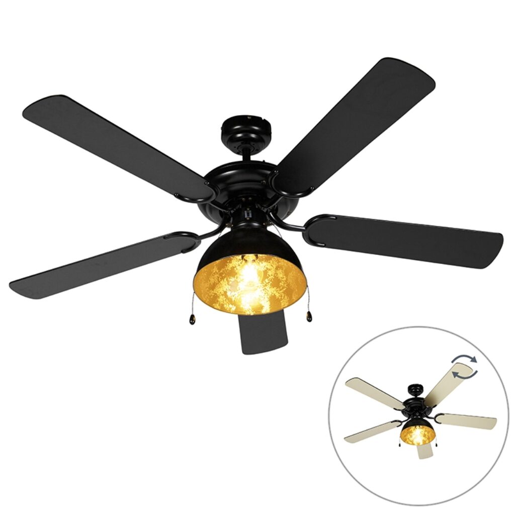plafondventilator zwart Mistral Magna HoutStaal Zwart Wat een pareltje deze Afgewerkt met aan de buitenkant en goud binnenin kap. De bladen van ventilator zijn
