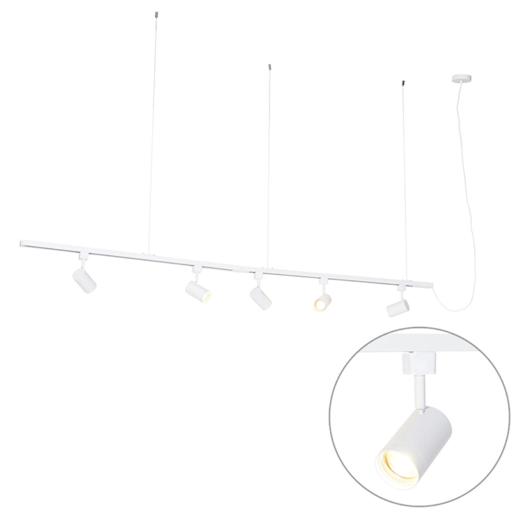 railsysteem Modern hang wit met 5 spots Jeana Staal Wit Het witte vijf is helemaal thuis in je moderne interieur. De rail 193 cm lang 200 hoog en 35 breed.