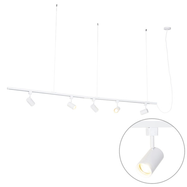 railsysteem Modern hang wit met 5 spots Jeana Staal Wit Het witte vijf is helemaal thuis in je moderne interieur. De rail 193 cm lang 200 hoog en 35 breed.