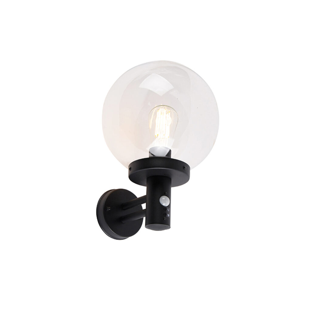 sensorlampen Buiten wandlamp zwart met helder glas incl. bewegingsmelder Sfera KunststofStaalRoestvrij staal Zwart Stevige en eenvoudige moderne buitenwandlamp