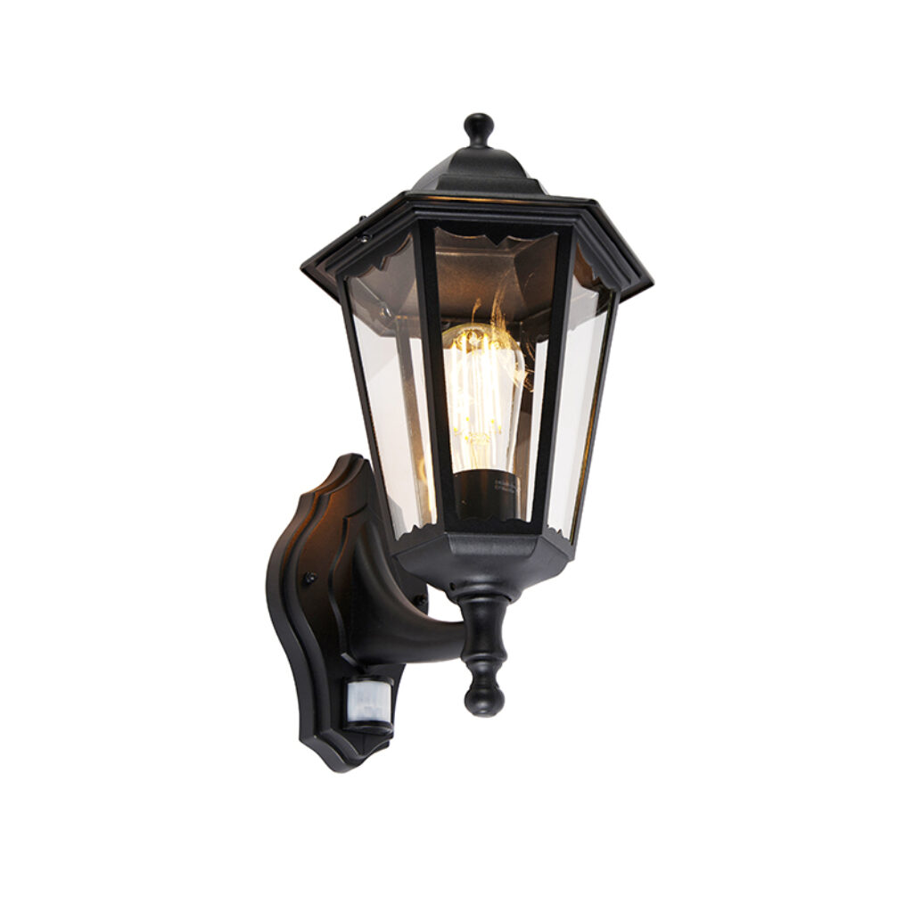 sensorlampen Buiten wandlantaarn zwart met bewegingssensor IP44 Havana GlasAluminium Zwart Klassiek en tijdloze buitenlantaarn. Uiterst geschikt als verlichting