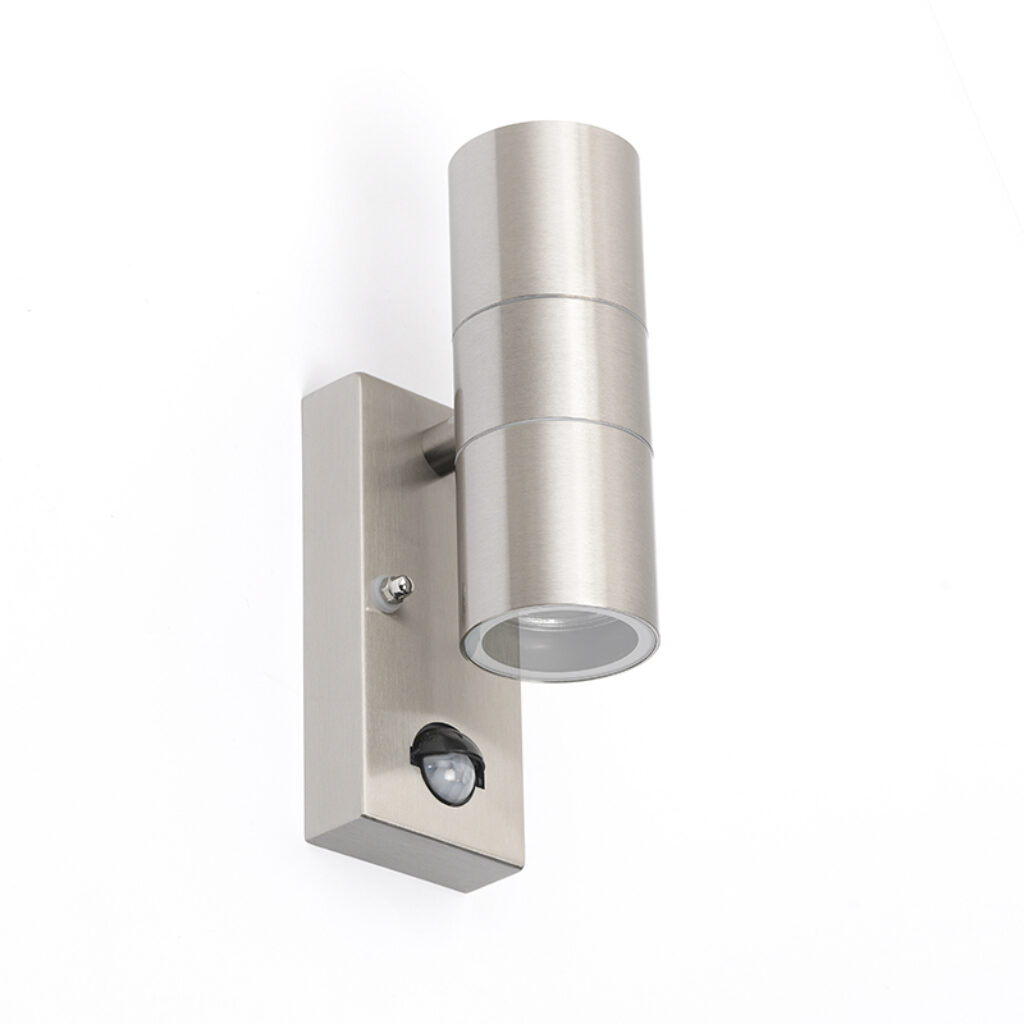 sensorlampen Buitenwandlamp staal IP44 met bewegingssensor Duo Roestvrij Staal Deze wandlamp uitgevoerd in RVS is een super functionele buitenlamp strakke