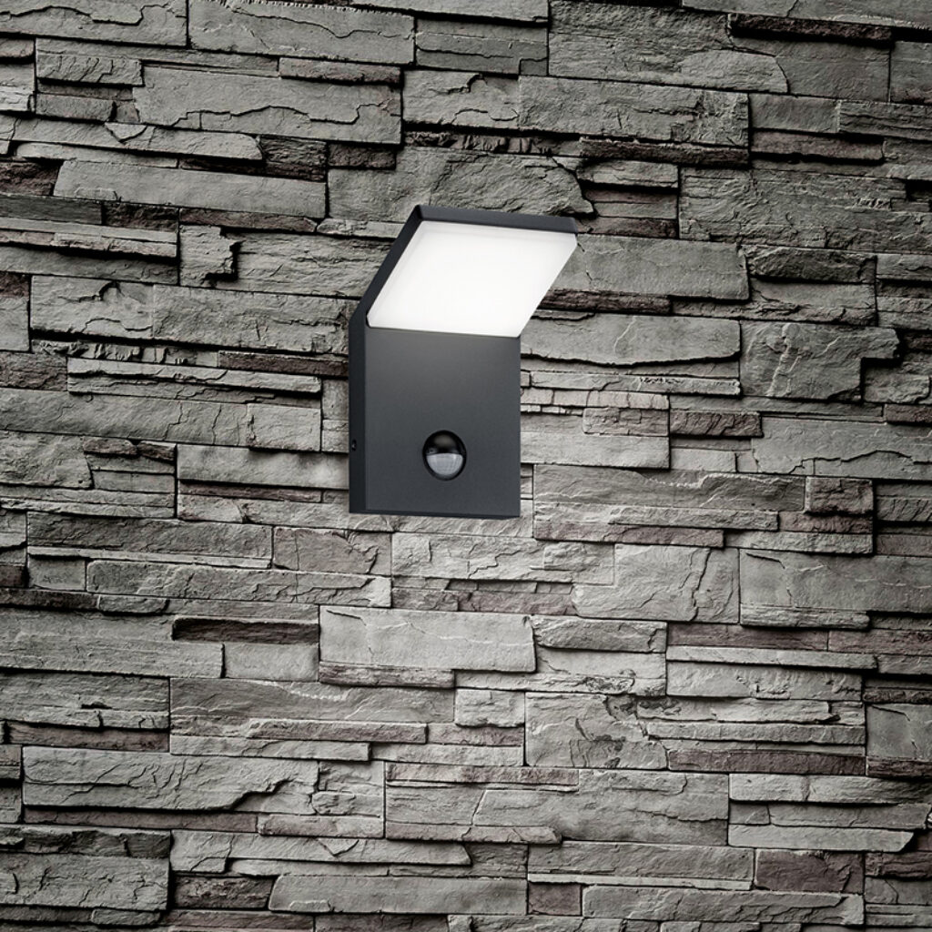 sensorlampen Wandlamp grijs incl. LED IP54 met bewegingsmelder Marian AluminiumKunststof Donkergrijs De is een moderne buiten wandlamp. Haar strakke design en