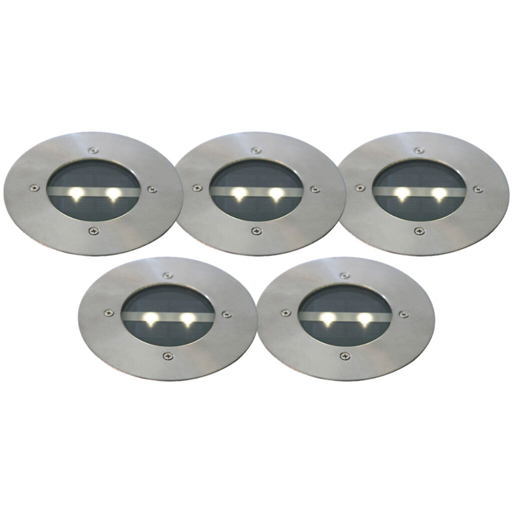 solarlampen Set van 5 moderne grondspots staal IP44 solar Tiny Metaal Staal De grondspot is allereerst met zijn design en strakke afwerking niet alleen een lust