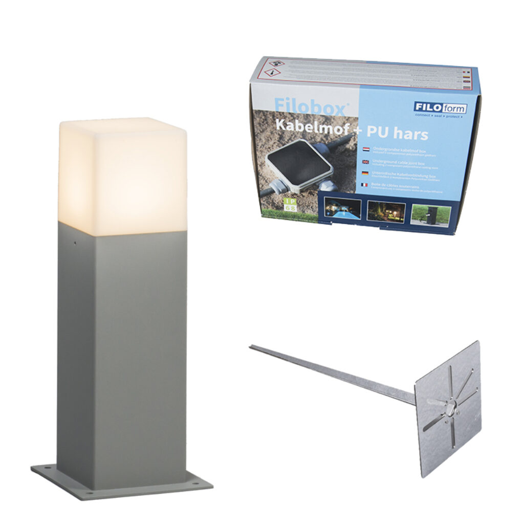 staande buitenlampen Buitenlamp 30 cm grijs met grondpin en kabelmof Denmark AluminiumKunststof Grijs Complete set om jouw buitenlamp gemakkelijk aan te sluiten