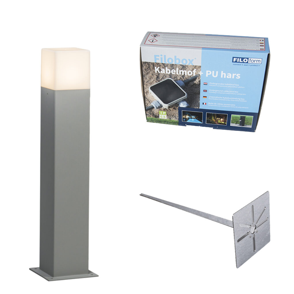 staande buitenlampen Buitenlamp 50 cm grijs met grondpin en kabelmof Denmark AluminiumKunststof Grijs Complete set om jouw buitenlamp gemakkelijk aan te sluiten