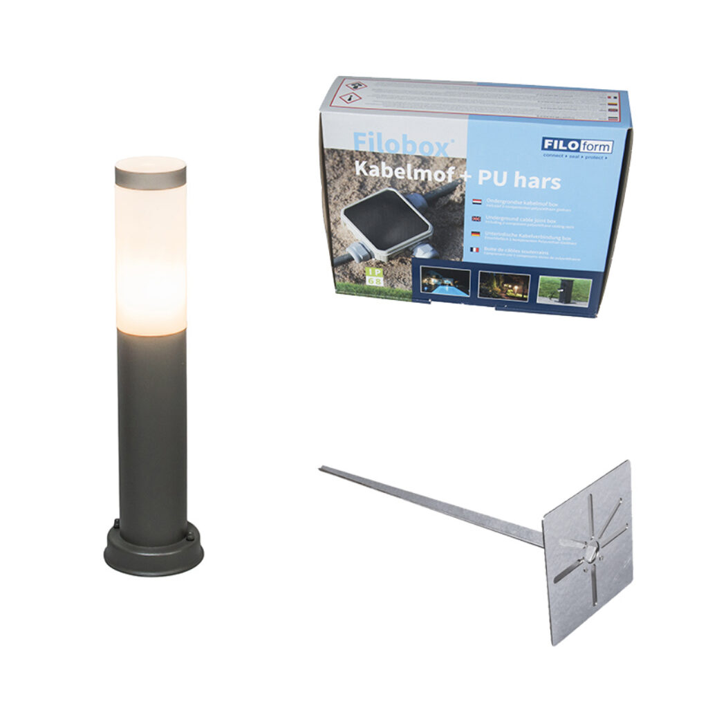 staande buitenlampen Buitenlamp paal antraciet 45 cm IP44 Rox met grondpin en kabelmof KunststofRoestvrij staal Donkergrijs Strakke buitenlamp op een in RVS.