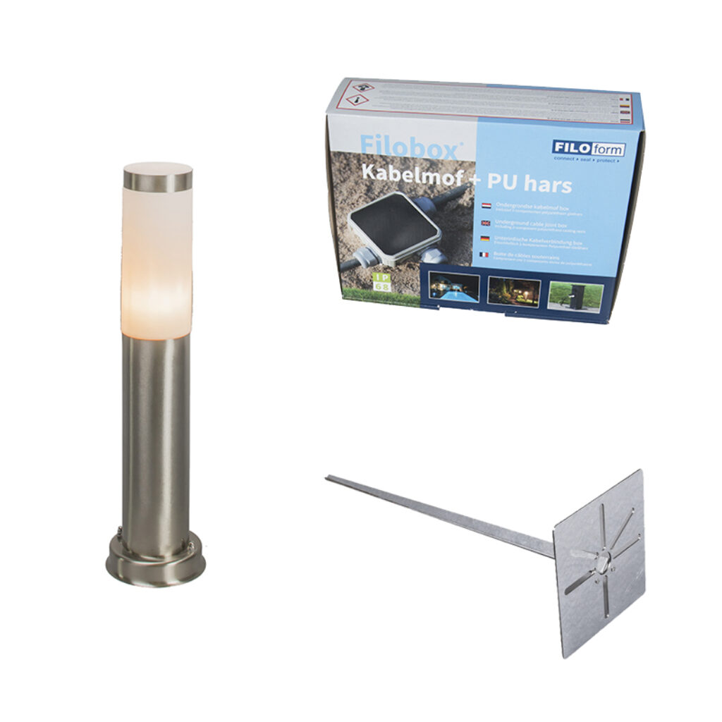 staande buitenlampen Buitenlamp paal staal 45 cm IP44 Rox met grondpin en kabelmof KunststofRoestvrij Staal Strakke buitenlamp op een in RVS. Door het gebruik