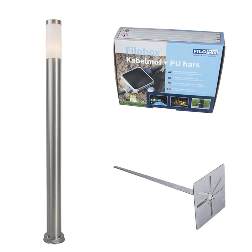 staande buitenlampen Buitenlamp paal staal 110 cm IP44 Rox met grondpin en kabelmof KunststofRoestvrij Staal Strakke buitenlamp op een in RVS. Door het gebruik