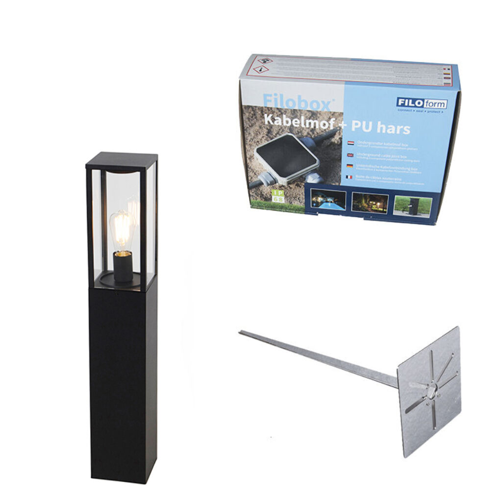staande buitenlampen Staande buitenlamp zwart 80 cm met grondpin en kabelmof Charlois AluminiumGlas Zwart wordt geleverd inclusief Het enige wat je nog nodig