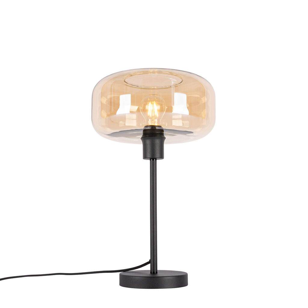 tafellampen Art deco tafellamp zwart met amber glas Bizle GlasStaal Beige