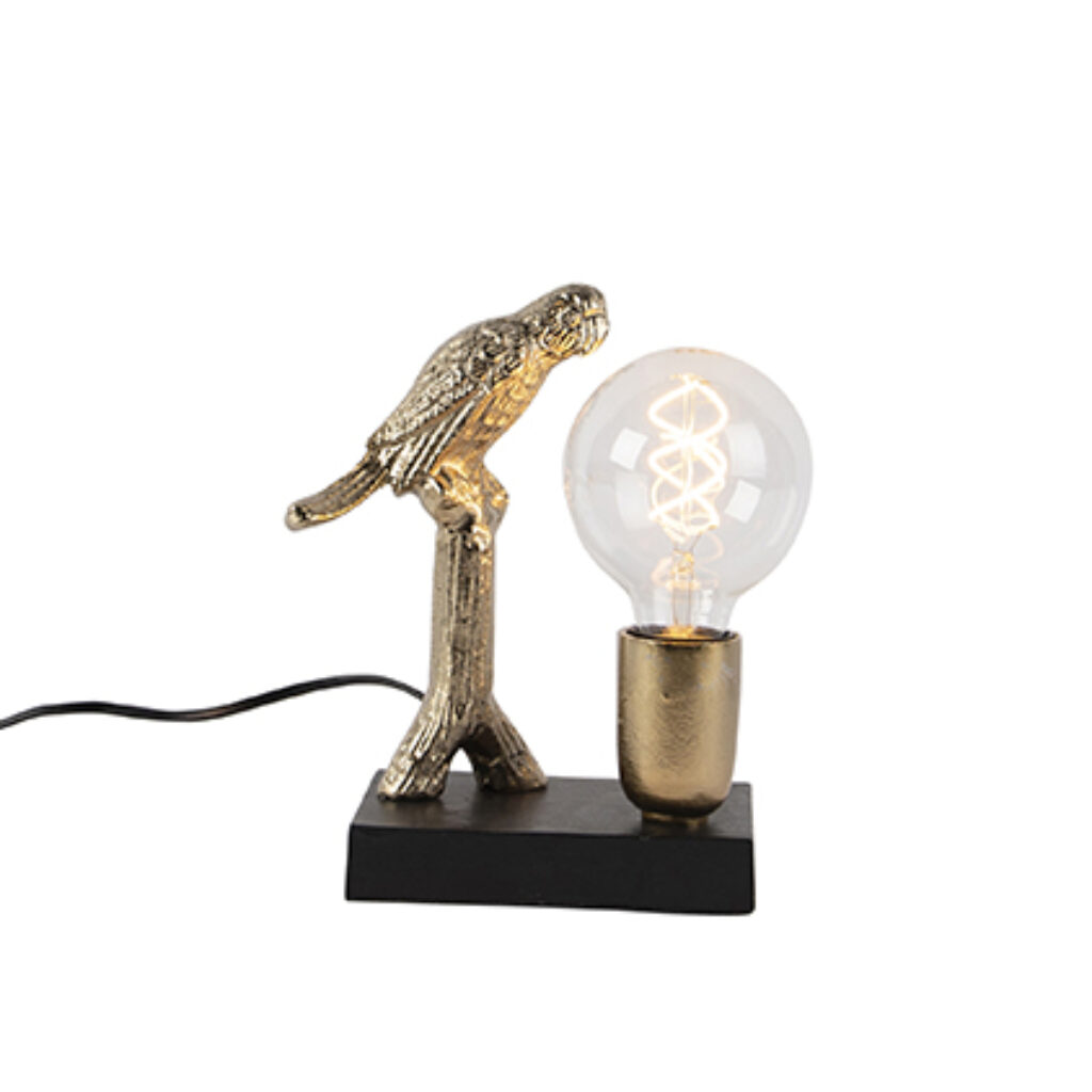 tafellampen Art Deco tafellamp zwart met goud 23 cm Pajaro Aluminium brengt de natuur in Dit tafellampje is afgewerkt een gouden papegaai op je lamp waardoor