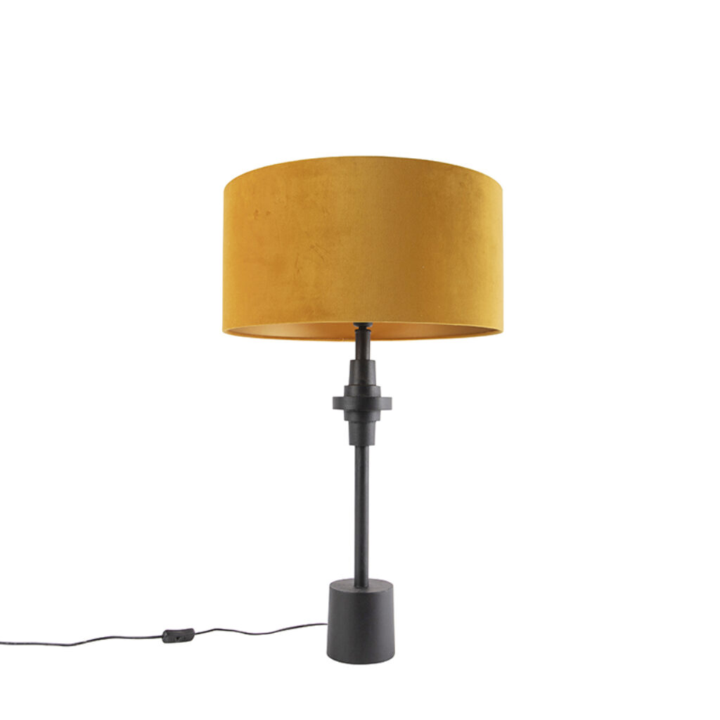 tafellampen Art Deco tafellamp zwart velours kap geel 50 cm Diverso AluminiumStof Geel Deze fleurt jouw interieur De zwarte aluminium voet heeft een diameter