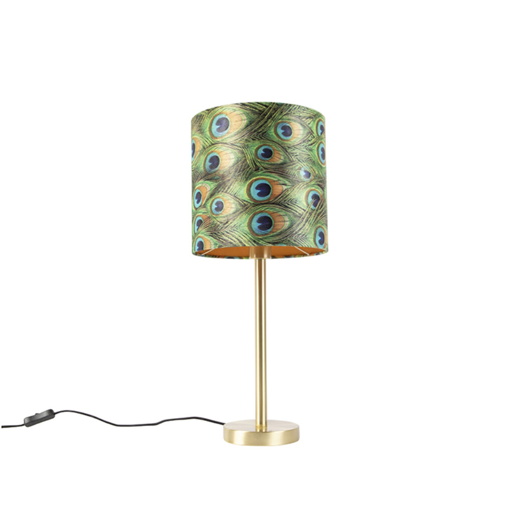 tafellampen Botanische tafellamp messing met pauw kap 25 cm Simplo StaalStof Pauw veren print Dit is een echte eyecatcher in huis. Deze past perfect de vintage