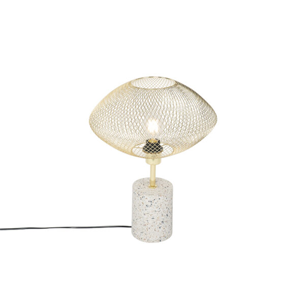 tafellampen Design tafellamp terrazzo met messing Ella StaalSteen Beton Een prachtige design lamp een bijzonder open kap en mooi afgewerkte voet in graniet