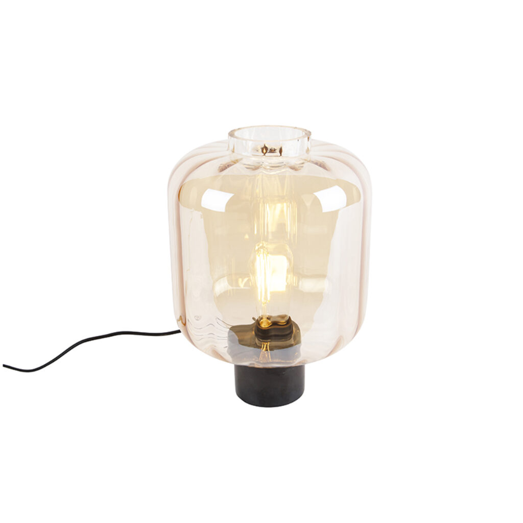 tafellampen Design tafellamp zwart met amber glas Qara MarmerStaal Beige De design is een echte Hij heeft voet van marmer. Dat in combinatie het amberkleurige