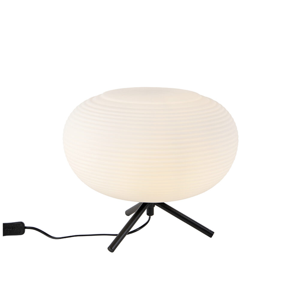 tafellampen Design tafellamp zwart 33 cm met opaal glas Hero GlasStaal Wit Onze is een eigenaardige designer tafellamp. Door het witte ribbelglas geeft deze