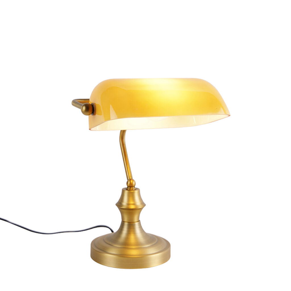 tafellampen Klassieke notarislamp brons met amber glas Banker GlasStaal Geel Een klassieke een afwerking en glas. Wat unieke Deze tafellamp steelt de show op