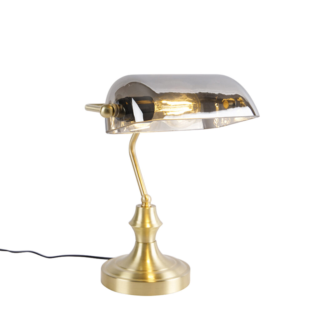 tafellampen Klassieke notarislamp goud met gerookt spiegel glas Banker GlasStaal Een klassieke een gouden afwerking en spiegelglas. Wauw wat Deze steelt de show