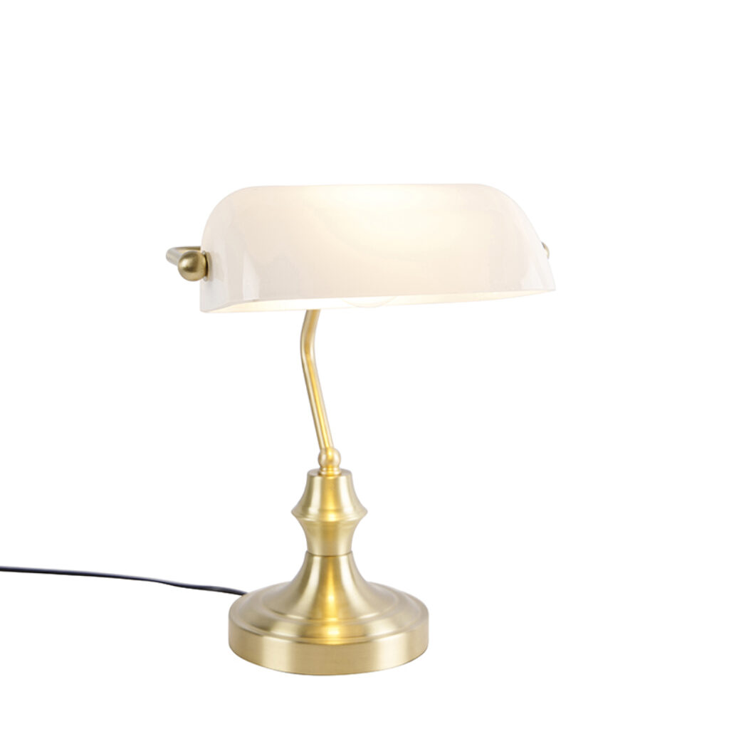 tafellampen Klassieke notarislamp goud met opaal glas Banker GlasStaal Goud Een klassieke een gouden afwerking en glas. Wauw wat Deze steelt de show op jouw