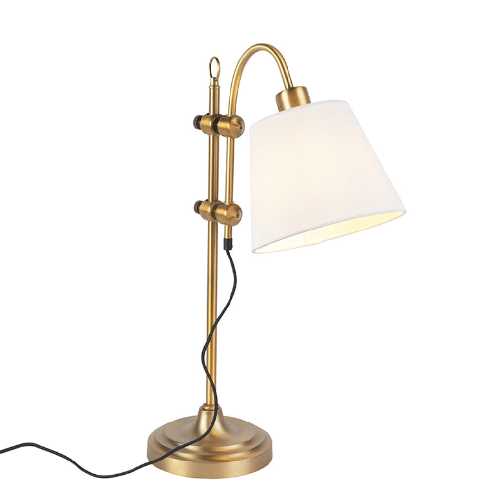 tafellampen Klassieke tafellamp brons met witte kap Ashley StofStaal Brons Deze is echt een pareltje. Het armatuur bronskleurig en hij wordt afgewerkt wit kapje