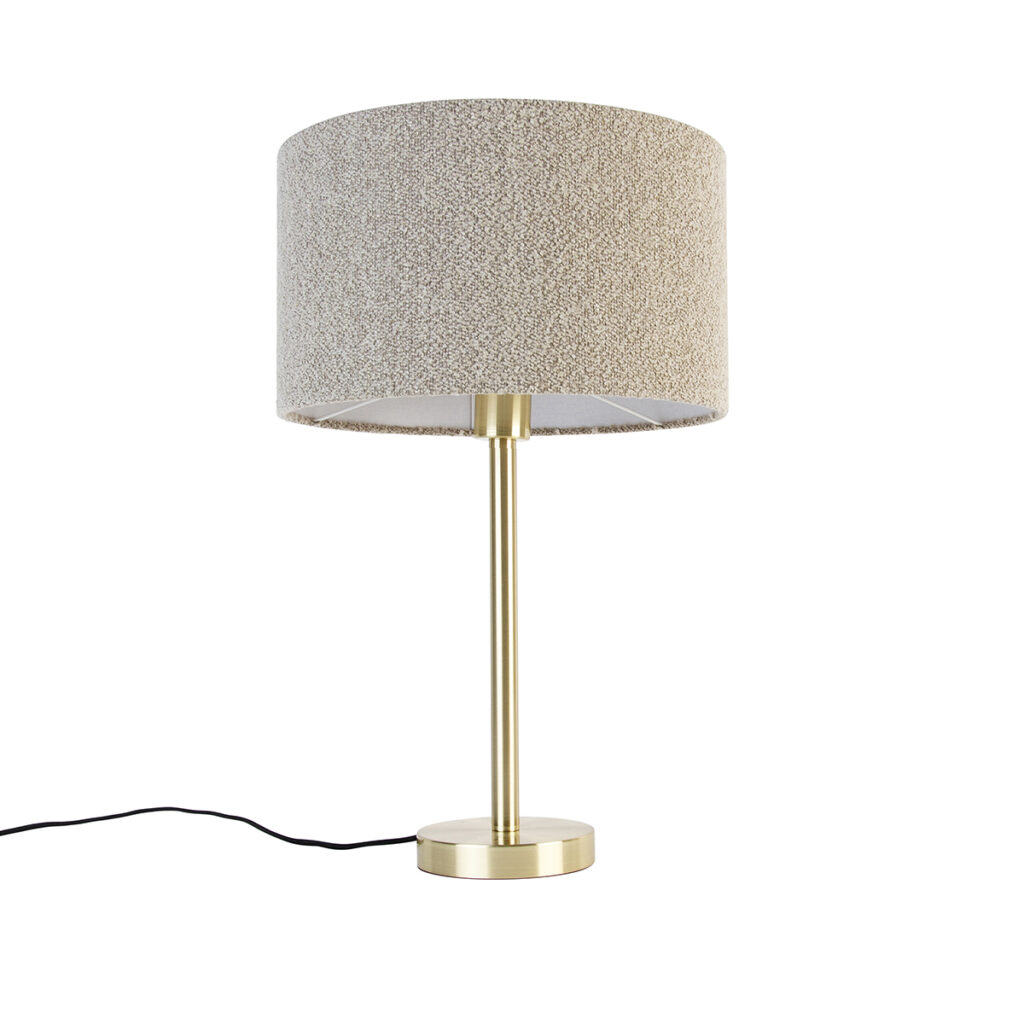 tafellampen Klassieke tafellamp messing met boucle kap taupe 35 cm Simplo StaalStof Een klassieke van Qazqa een gouden afwerking bloucle kap. De is echte